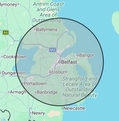 Heating coverage map for Northern Ireland East, centred on Belfast