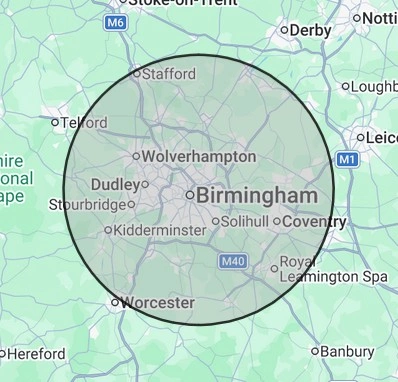 Heating coverage map for Birmingham, centred on Birmingham