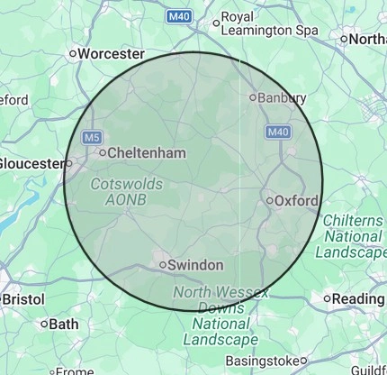 Heating coverage map for Oxfordshire & Cotswolds, centred on Burford