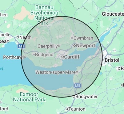 Heating coverage map for South Wales East, centred on Cardiff