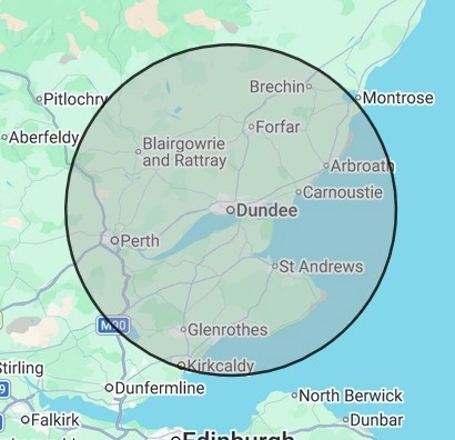 Heating coverage map for Dundee & Tayside, centred on Dundee