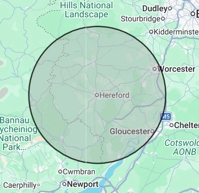 Heating coverage map for Herefordshire & Borders, centred on Hereford
