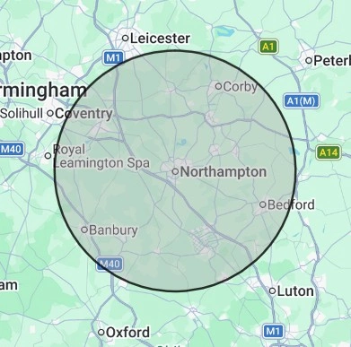 Heating coverage map for Northamptonshire, centred on Northampton