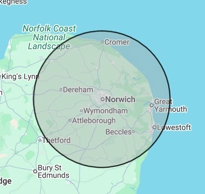 Heating coverage map for Norfolk, centred on Norwich