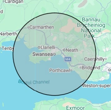 Heating coverage map for South Wales West, centred on Swansea