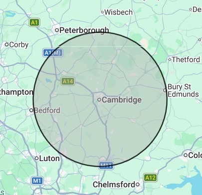 Plumbing coverage map for Cambridgeshire, centred on Cambridge