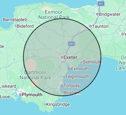 Plumbing coverage map for Devon East, centred on Exeter