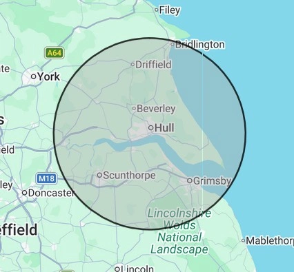 Plumbing coverage map for East Yorkshire, centred on Hull