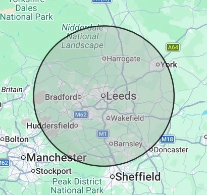 Plumbing coverage map for West Yorkshire, centred on Leeds