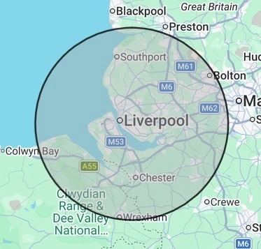 Plumbing coverage map for Merseyside, centred on Liverpool