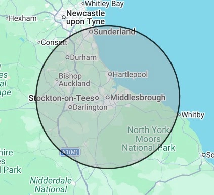 Plumbing coverage map for Teesside, centred on Middlesbrough