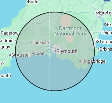 Plumbing coverage map for Devon West, centred on Plymouth