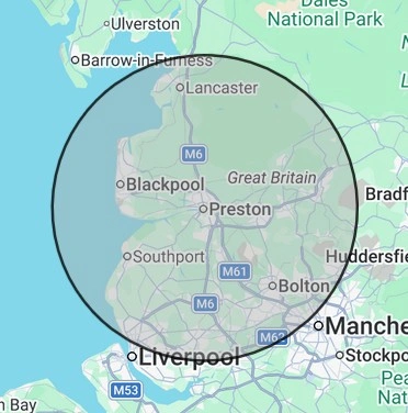 Plumbing coverage map for Lancashire, centred on Preston