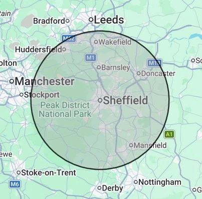 Plumbing coverage map for South Yorkshire, centred on Sheffield