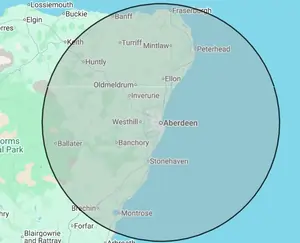 Roofing coverage map for North East Scotland, centred on Aberdeen