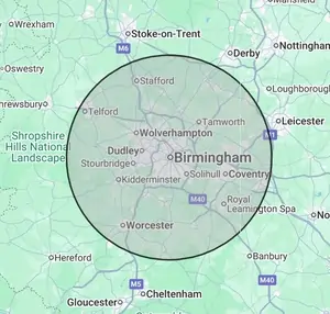 Roofing coverage map for Birmingham, centred on Birmingham