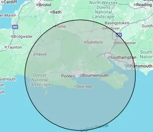 Roofing coverage map for Dorset, centred on Bournemouth