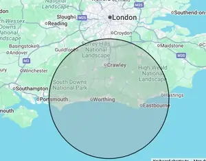 Roofing coverage map for Sussex Coast, centred on Brighton