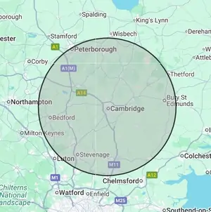 Roofing coverage map for Cambridgeshire, centred on Cambridge