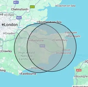 Roofing coverage map for Kent, centred on Canterbury