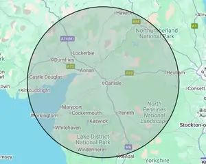 Roofing coverage map for North Cumbria & Borders, centred on Carlisle