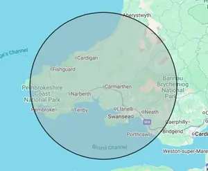 Roofing coverage map for South West Wales, centred on Carmarthen