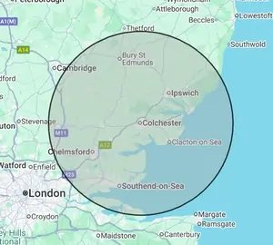 Roofing coverage map for Essex & Suffolk, centred on Colchester