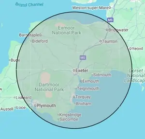 Roofing coverage map for Devon & Borders, centred on Exeter