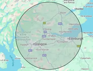 Roofing coverage map for Central Scotland, centred on Falkirk