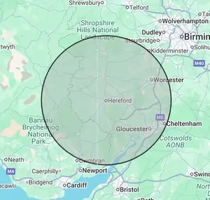 Roofing coverage map for Herefordshire & Borders, centred on Hereford