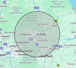 Roofing coverage map for West Yorkshire, centred on Leeds