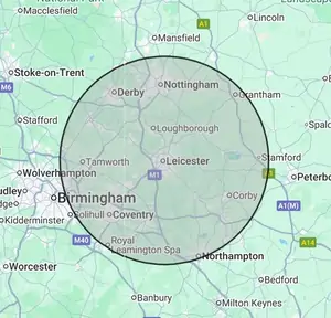 Roofing coverage map for Leicestershire, centred on Leicester