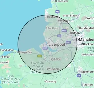 Roofing coverage map for Merseyside, centred on Liverpool