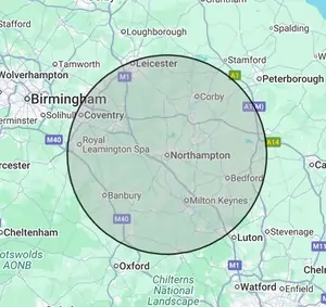 Roofing coverage map for Northamptonshire, centred on Northampton