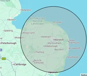 Roofing coverage map for Norfolk, centred on Norwich