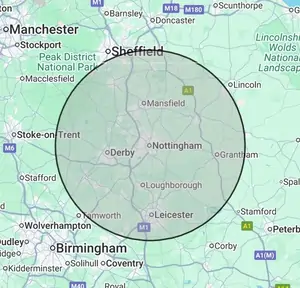 Roofing coverage map for Nottinghamshire, centred on Nottingham