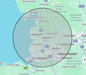 Roofing coverage map for Lancashire, centred on Preston