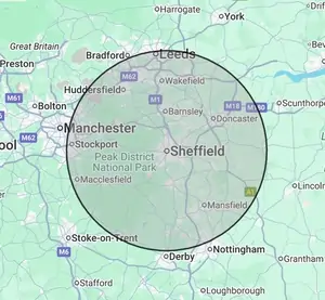 Roofing coverage map for South Yorkshire, centred on Sheffield