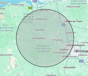 Roofing coverage map for Shropshire & Mid-Wales, centred on Shrewsbury