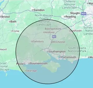 Roofing coverage map for Hampshire, centred on Southampton