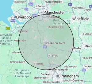Roofing coverage map for Staffordshire, centred on Stoke-on-Trent