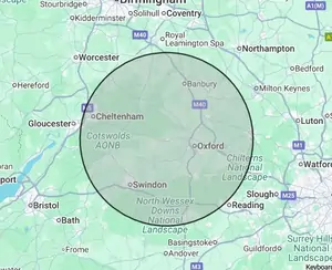 Roofing coverage map for Oxfordshire, centred on Witney